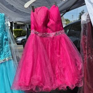 May Queen Fuchsia Strapless Tulle Party Dress with Beaded Waist